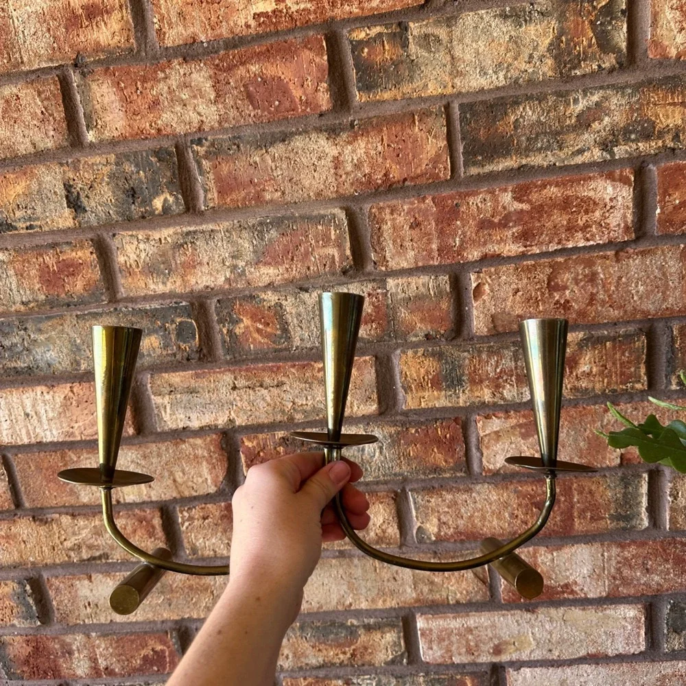 Vintage Mid Century Modern Brass 3 Arm Taper Candle Holder Candelabra MCM